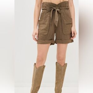 Women's Tan Paperbag Waist Shorts